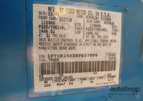 1994 Ford Ranger Super Cab из США, поврежденный, VIN 1FTCR14X5RPB07999